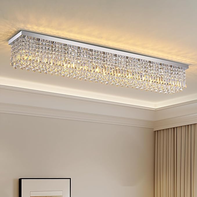 7PM Rectangular Chandelier, Modern Dining Room Light Fixture with Raindrop Chandelier Crystals, 13-Light Flush Mount Rectangle Chandelier for Dining Room Kitchen,Chrome Finish L59'' x W10'' x H9''