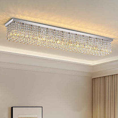 7PM Rectangular Chandelier, Modern Dining Room Light Fixture with Raindrop Chandelier Crystals, 13-Light Flush Mount Rectangle Chandelier for Dining Room Kitchen,Chrome Finish L59'' x W10'' x H9''