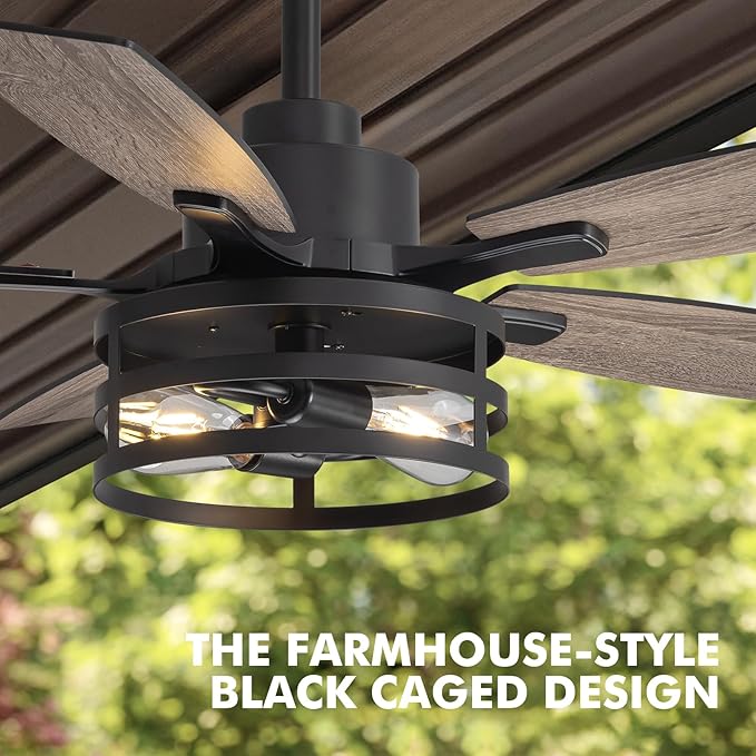 42 Inch Ceiling Fans with Lights and Remote Control, Farmhouse Ceiling Fan with LED Lighting for Bedroom Living Room and Patio, Black Caged Ceiling Fan for Indoor and Outdoor(NO Bulbs)
