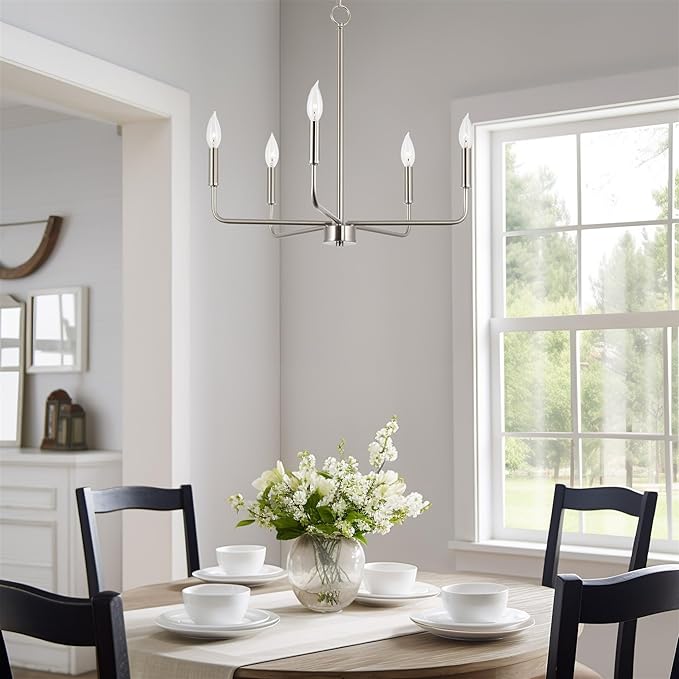 Kira Home Camille 22" Modern 5-Light Chandelier, Minimalist Candle-Style Silver Hanging Fixture, Brushed Nickel Finish