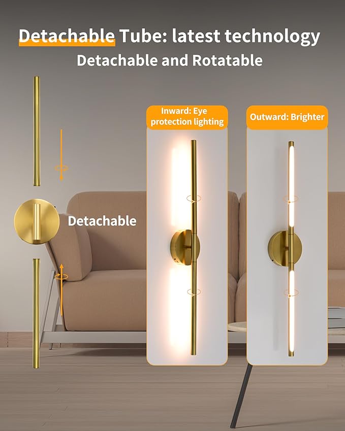 Wireless Wall Sconces Set of 2 ，28Inch Battery Operated Wall Lights with Remote Control，360°Rotate Dimmable led Wall Lamp for Living Room and Hallway (Gold)