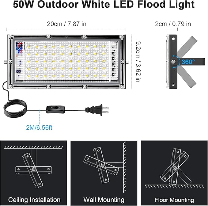 50W Flood Light Outdoor, 4 Pack 5000 Lumens LED Flood Light, 6500K Super Bright Plug in Outdoor Lights, IP66 Waterproof Work Light Exterior Security Lights for Garden, Yard, Garage, Playground