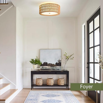 Boho Rattan Ceiling Light 15.7" Flush Mount Ceiling Light 3-Light Rattan Light Fixture, Bohemian Semi Flush Mount Ceiling Light Bedroom Ceiling Light for Dining Room Hallway Entryway Foyer