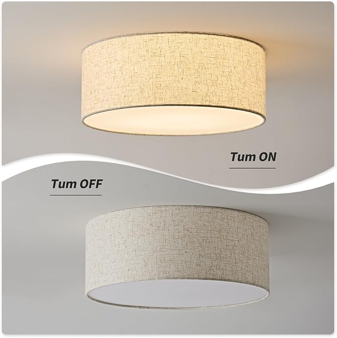 16-Inch Flush Mount Ceiling Light Fixture with Linen Fabric Shade, Modern Drum Light Fixture 3-Light Bedroom Lights for Ceiling, Farmhouse for Living Room, Dining Room, Kitchen, Entrance