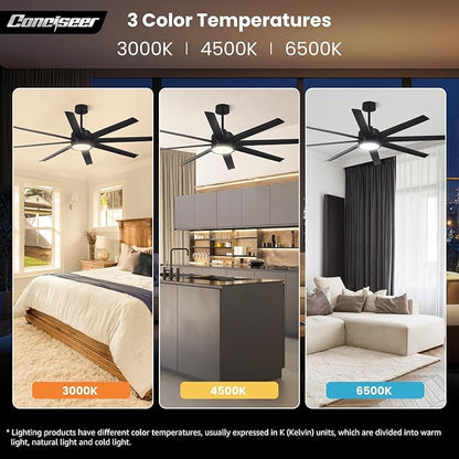 Modern Ceiling Fans with Lights, 65 Inch Ceiling Fan with Light and Remote for Bedroom Living Room Kitchen Office, Indoor/Outdoor Use, 24W 3CCT 8 Blades 6 Speed Reversible Quiet DC Motor, Black
