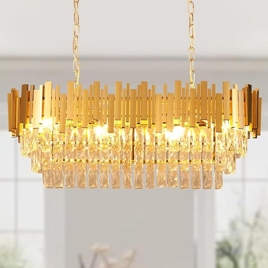 Depuley 31" Crystal Rectangle Chandelier: 3-Tier Gold Glass Crystal Chandelier Island Light Fixtures for Dining Room - 8-Light Linear Pendant Light for Kitchen Island Included Bulbs