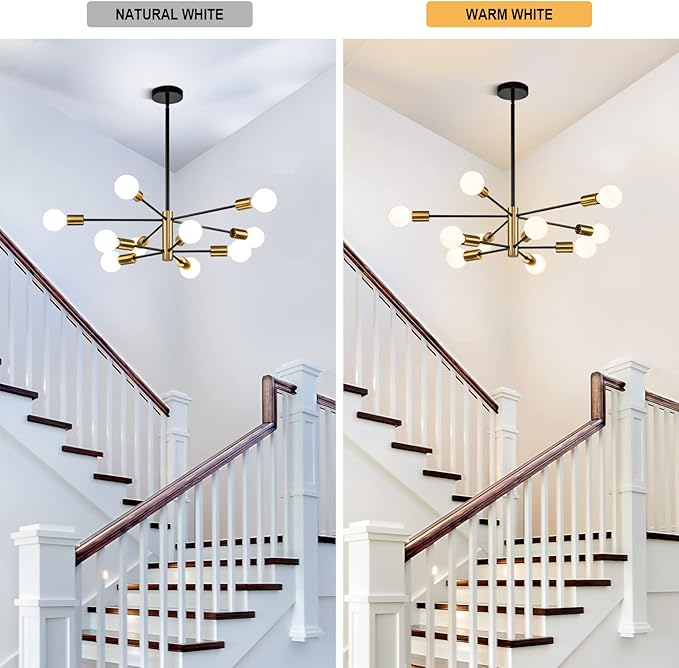 SINERISE Modern Sputnik Chandelier Light Fixture, 10-Light Chandelier Ceiling Light Fixture Black and Gold Mid Century Chandelier Height Adjustable for Kitchen, Living Room, Bedroom, Hallway and Foyer