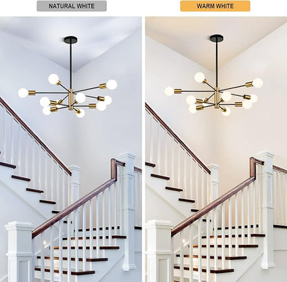 SINERISE Modern Sputnik Chandelier Light Fixture, 10-Light Chandelier Ceiling Light Fixture Black and Gold Mid Century Chandelier Height Adjustable for Kitchen, Living Room, Bedroom, Hallway and Foyer
