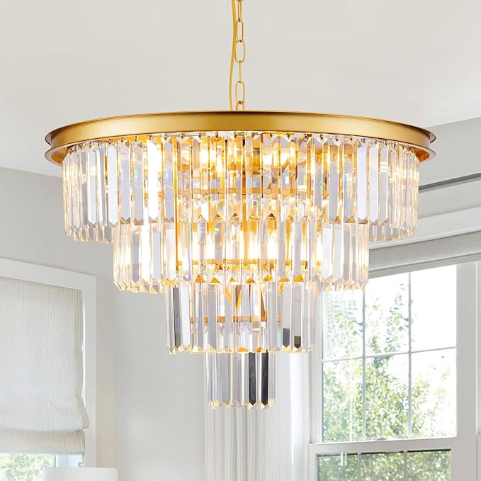 10 Light Modern Gold Crystal Chandelier for Dining Room 24'' Dining Room Light Fixture Contemporary Pendant Round 4-Tier Adjustable Height for Living Room, Foyer, Entryway, Bedroom