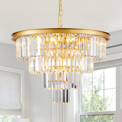 10 Light Modern Gold Crystal Chandelier for Dining Room 24'' Dining Room Light Fixture Contemporary Pendant Round 4-Tier Adjustable Height for Living Room, Foyer, Entryway, Bedroom