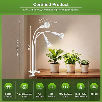 Grow Lights for Indoor Plants, LED 30 W Full Spectrum Bulb Replaceable Plant Light, 450 W Equivalent Clip on Grow Light with Optical Lens for Indoor Growing, Lifetime Free Bulb Replacement