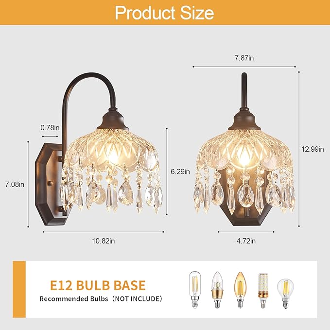 2-Pack Vintage Wall Sconce,Glass Crystal Wall Sconce,Matte Brushed Antique Black Finish Set of Two for Bedroom Bathroom Hallway Living Room Decor