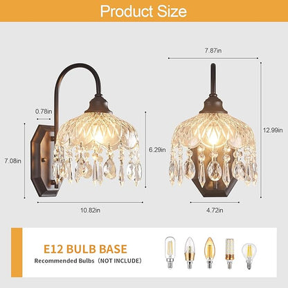 2-Pack Vintage Wall Sconce,Glass Crystal Wall Sconce,Matte Brushed Antique Black Finish Set of Two for Bedroom Bathroom Hallway Living Room Decor