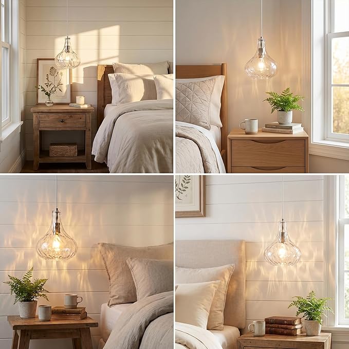 Modern Glass Pendant Light 9.44 in Clear Hammered Glass Shade Brushed Nickel Farmhouse Island Pendant Lights for Kitchen Pendant Lighting Over Sink Bedroom Dining Room