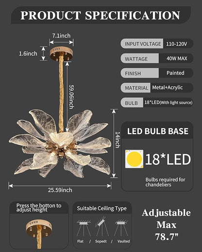 Modern Tree Branch Leaf Chandelier, 18-Light 25.59" Luxury Gold Pendant Lighting, LED 40W 3000K Warm White Chandeliers, Adjustable Height for Living Room, Dining Room, Bedroom, Kitchen Island