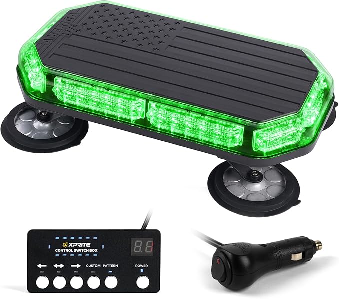Xprite Green 42 LED Roof Top Strobe Beacon Light w/Control Panel, Magnetic Emergency Safety Warning Caution Plow Light Bar, for Law Enforcement POV Tractors Tow Trucks Snowplow -USA Flag Pattern