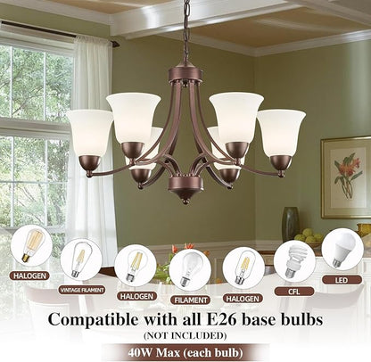 6 Light Oil Rubbed Bronze Dining Room Light Fixture Farmhouse Modern Chandelier Pendant Light Bronze 47.2''Adjustable Ceiling Hanging Lighting with Frosted Glass for Kitchen Island Living Room Foyer