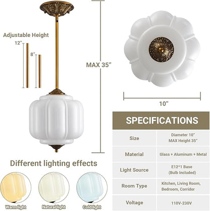 LOUSACE 10 Inch Vintage Milk Glass Ceiling Light Fixture, Semi Flush Mount Pendant Light with White Glass Shade, Ceiling Light for Kitchen Hallway Dining Room Bedroom (Bulb Included)