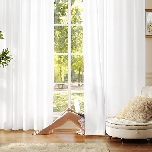 Anmao Non-See-Through Bright White Privacy Semi Sheer Curtains for Living Room 72 Inch Length 2 Panels Set, Light Filtering That Let Light In Rod Pocket Window Drapes for Bedroom, 52W x 72L,Pure White