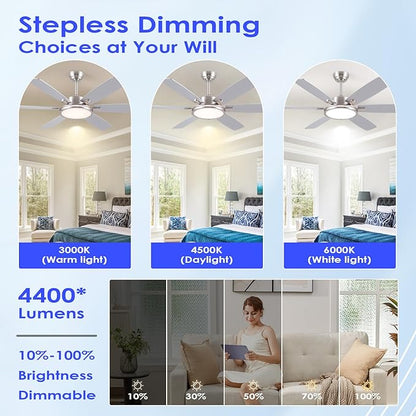 Hounberi Ceiling Fans with Lights, 52 Inch Brushed Nickel Ceiling Fan with Light and Remote Control, 3CCT, 6 Speeds, Quiet Reversible DC Motor, Dimmable, Ceiling Fan for Bedroom, Patio, Living Room
