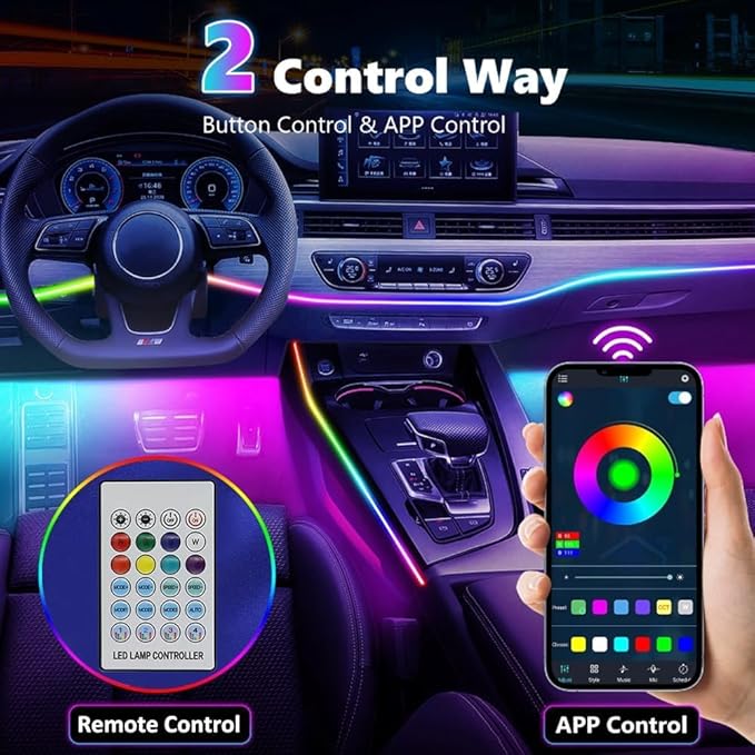 Dreamcolor Acrylic Interior Car LED Strip Lights,43.3in USB RGB Neon Flexible Strip Fiber Optic LED Ambient Lighting Kits with Remote APP, RGB Music Lights Sync for Inside car Decorations