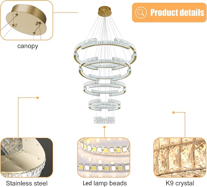 Gold Large 5 Ring Crystal Chandelier for High Ceiling Modern Long Stair Chandeliers LED Dimmable, for Villa,2-Story Foyer D47.5''+D40''+D32''+D24''+D16''