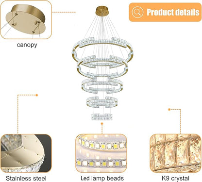 Gold Large 5 Ring Crystal Chandelier for High Ceiling Modern Long Stair Chandeliers LED Dimmable, for Villa,2-Story Foyer D47.5''+D40''+D32''+D24''+D16''