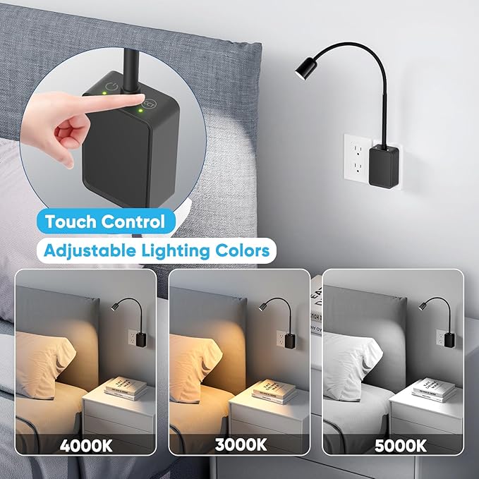 Plug in LED Book Reading Light, Black Flexible Dimmable LED Wall Sconce Lamp with Power Plug for Outlets in Bedroom Kitchen Living Room, 3 Lighting Colors, 50° Spot Lighting Angle