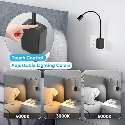 Plug in LED Book Reading Light, Black Flexible Dimmable LED Wall Sconce Lamp with Power Plug for Outlets in Bedroom Kitchen Living Room, 3 Lighting Colors, 50° Spot Lighting Angle
