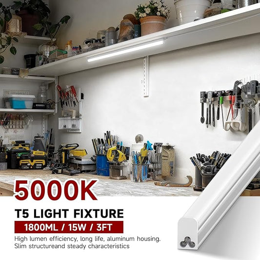 8 Pack T5 LED Shop Light, 3FT, 15W, 5000K 1800LM, Linkable Utility Fixture for Under Cabinet, Kitchen, Garage, Basement, Workshop Lighting, Easy Installation, Plug & Play
