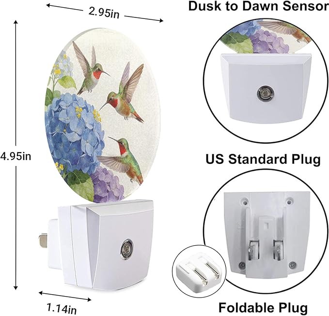 Bird LED Lighting Green Hummingbird on Branch Night Lights Plug into Wall with Dusk to Dawn Sensor for Bedroom Bathroom Living Room, 0.5W Sleep Friendly