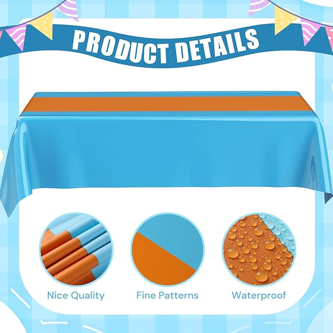 Oudain 3 Pcs Blue & Orange Party Tablecloth 54 x 108 Inch Party Decoration Plastic Rectangle Table Cloth Waterproof Table Cover for Girl Birthday Wedding Bachelorette Anniversary Supplies