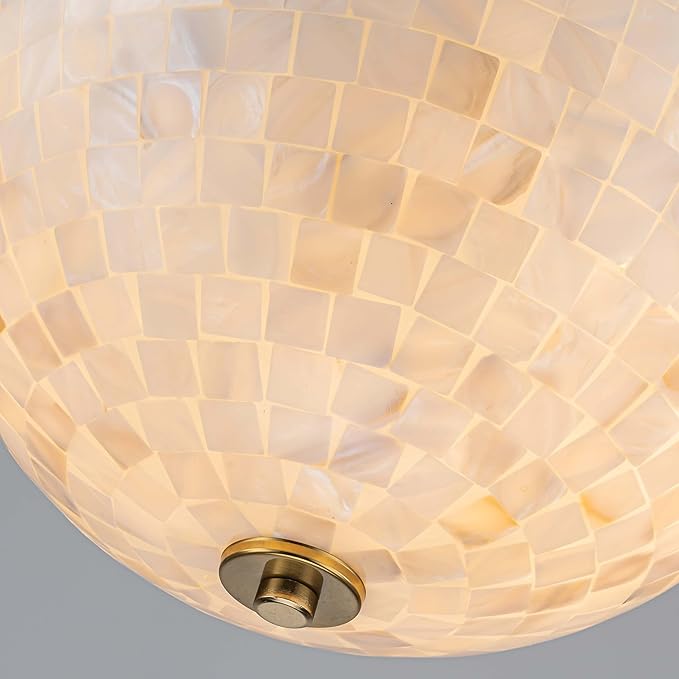 D12inch Bowl Capiz Shell Ceiling Light, 2-Light Coastal Style Light Fixture for Dining Room, Living Room & Bedroom, D12 x H14 inch, Shell Lampshade & Brass Finish Frame