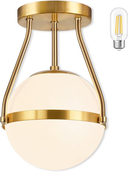 Bagood 8 Inch Mid Century Ceiling Light Modern Semi Flush Mount Ceiling Light Fixture Globe Ceiling Light Fixture with Milk Glass Shade Brass Finish for Kitchen Island Hallway Living Room (Bulb Incl.)