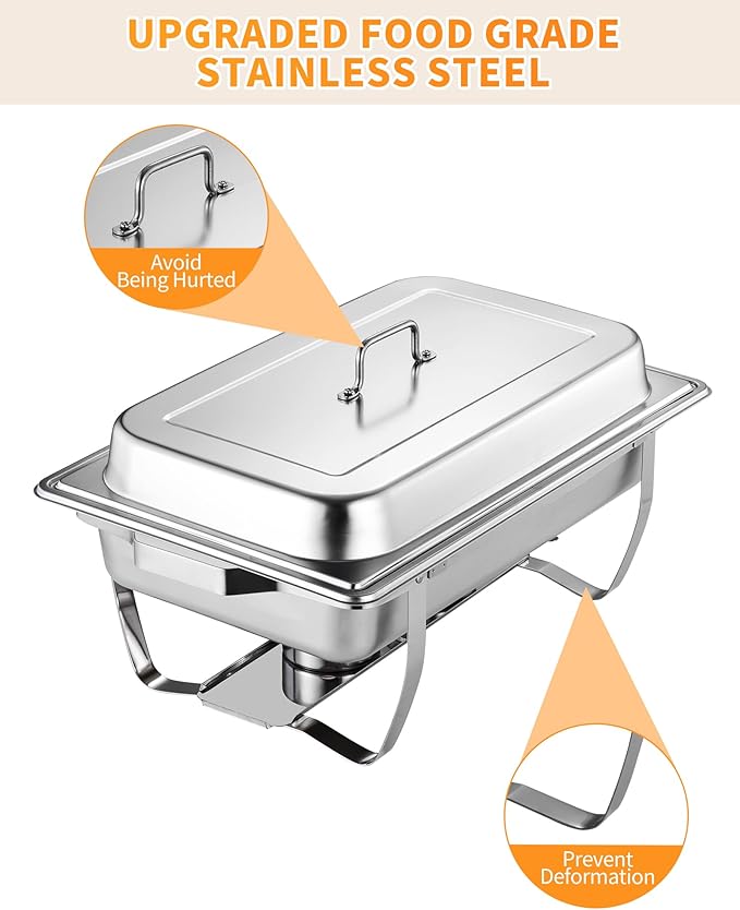 6 Pack Chafing Dishes for Buffet, Stainless Steel Catering Chafer with Lids, Pans & Fuel Holder, 8QT Food Warmers for Parties Buffet, Buffet Servers and Warmers for Parties, Events, Weddings,Silver
