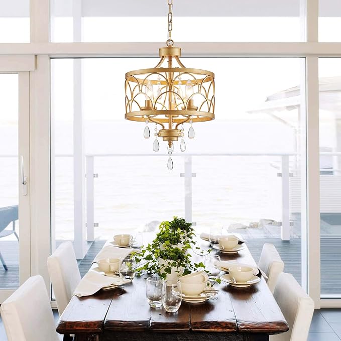 Small Crystal Chandelier, Modern Gold Crystal Chandeliers for Dining Room, Rustic Farmhouse Round Ceiling Pendant Light Fixture for Living Room, Entryway, Hallway, Bedroom, Bathroom