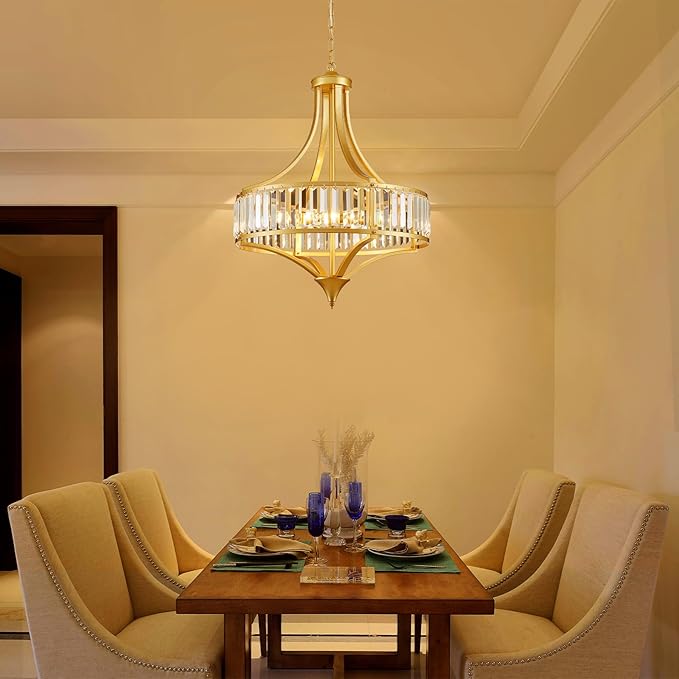 XINGQI Modern 6-Light Gold Crystal Chandelier 21.6" Farmhouse Large Round Pendant Lightting Fixture for Dining Room Living Room Kitchen Island Bedroom