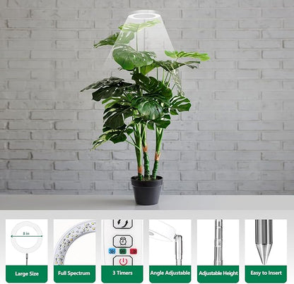 WaterRebirth 8 inch LED Grow Light for Indoor Plants, Full Spectrum Halo Plant Light with 3/9/12H Auto Timer, 10-Level Dimmable, Height Adjustable for Tall Plants