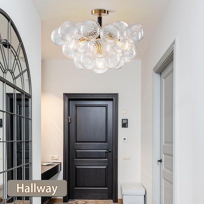 Bubble Ball Semi Flush Mount Ceiling Light Fixture, 24" Bubble Chandelier, Modern Hand Blown Glass Chandelier for Bedroom, Living Room, Dining Room (24” Black Ceiling Light)