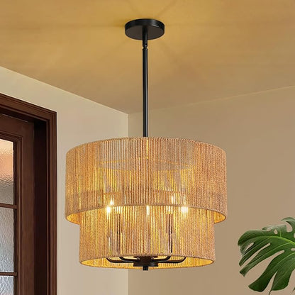 RUIYEY Rattan Chandelier Light Fixtures: 18 inch Boho Large Pendant Lights with Wicker Lampshade, E12 5 Light Height Adjustable Hand Woven Hanging Black Chandeliers for Dining Room Kitchen Living Room