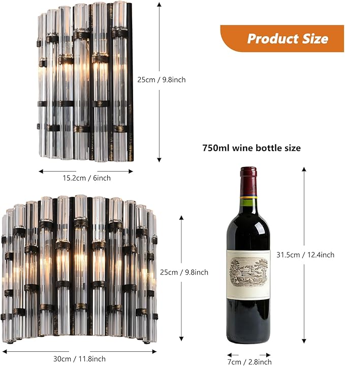 Luxury Wall Lamps & Sconces, 11 4/5" Vintage Crystal Glass Wall Light E12 for Bedroom, Living Room Background Staircase Hallway (Black)