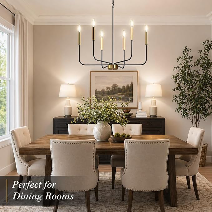 DORESshop 6-Light Black and Gold Farmhouse Chandeliers for Dining Room, Light Fixture Adjustable Height, Industrial Modern Chandeliers for Living Room, Bedroom and Foyer