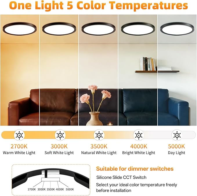 12 Inch 1Pack Super Slim Flush Mount Ceiling Light Fixture,24W 3200LM Dimmable 5CCT Selectable 2700K-5000K Round Light Fixture for Living/Bedroom,Kitchen/Bathroom,Porch &All Indoor Spaces Black