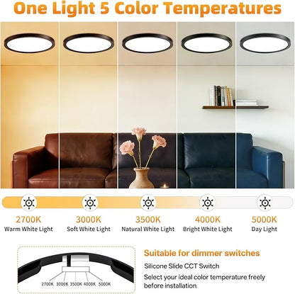 12 Inch 1Pack Super Slim Flush Mount Ceiling Light Fixture,24W 3200LM Dimmable 5CCT Selectable 2700K-5000K Round Light Fixture for Living/Bedroom,Kitchen/Bathroom,Porch &All Indoor Spaces Black