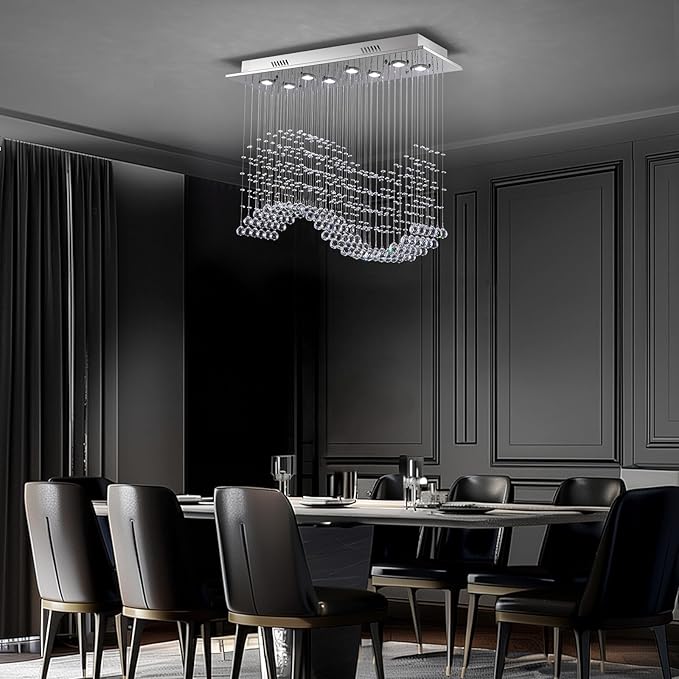 Rectangular Wave Raindrop Chandelier, Flush Mount Crystal Chandelier, Rectangle Pendant Ceiling Light Fixture for Dining Room,Kitchen Island, Living Room, L31.5×W11.8×H32.3