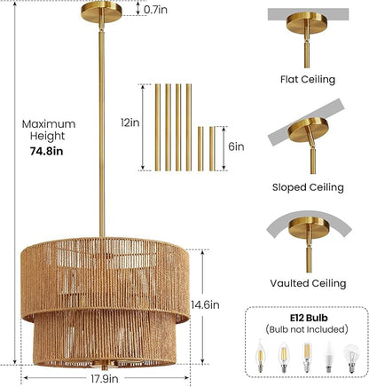 RUIYEY Rattan Chandelier Light Fixtures: 18 inch Boho Pendant Lights with Wicker Lampshade, E12 5 Light Height Adjustable Hand Woven Hanging Chandeliers for Dining Room Kitchen Farmhouse Living Room