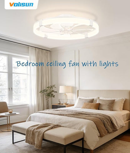 VOLISUN Low Profile Ceiling Fans with Lights and Remote, 23.6in Flush Mount Ceiling Fans with Light, 3000K-6500K Dimmable Fandelier Ceiling Fan, White Bladeless Ceiling Fan for Bedroom