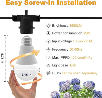 LED Grow Light Bulbs with E26 Base, 45W Durable 12 ft String Grow Lights, Waterproof Hanging Full Spectrum A25 Plant Lighting for Seeds, Flowers, Succulents, Indoor & Outdoor Use (3 Lights)