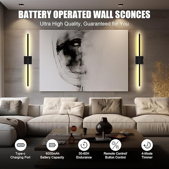 Battery Operated Wall Sconces Set of 2 Rechargeable LED Wall Lights, Dimmable 3000K-6500K, Battery Sconces Wall Decor for Bedroom Living Room Hallwayated Wall Sconce （2 Pack）