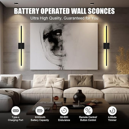 Battery Operated Wall Sconces Set of 2 Rechargeable LED Wall Lights, Dimmable 3000K-6500K, Battery Sconces Wall Decor for Bedroom Living Room Hallwayated Wall Sconce （2 Pack）